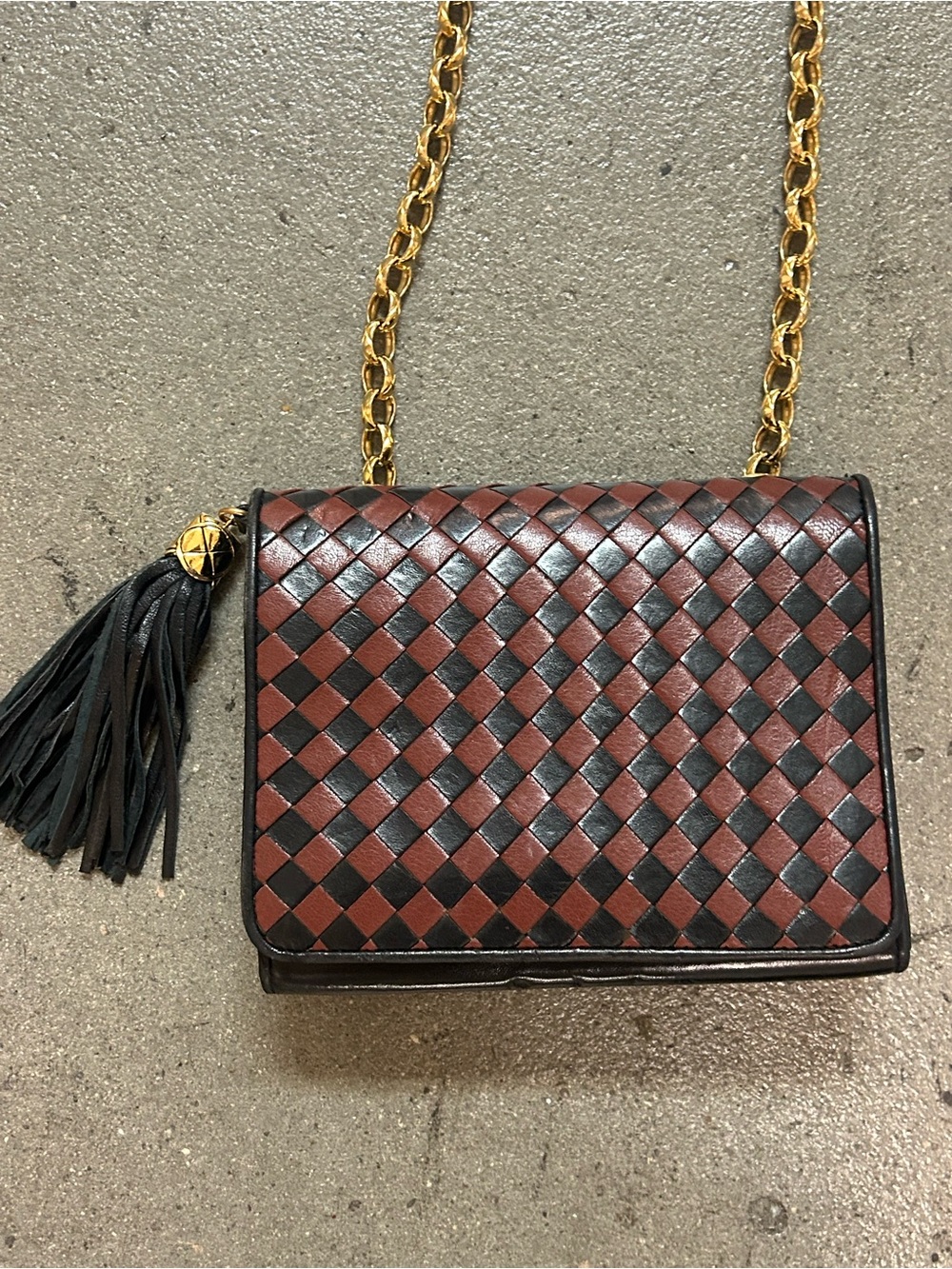 VTG Woven Leather Crossbody Bag in Brown and Black with Chain Strap